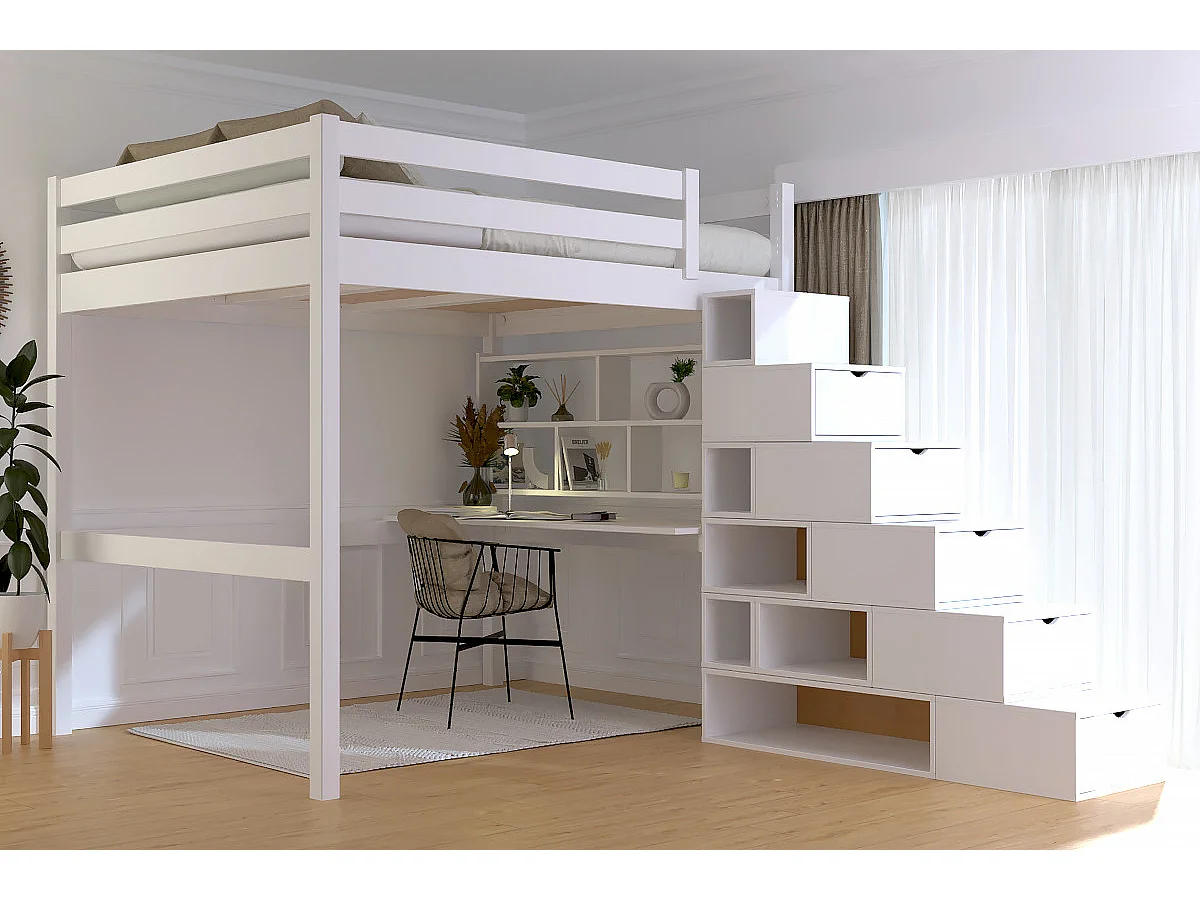 Lit Mezzanine bois 160x200 avec escalier cube Sylvia, Blanc