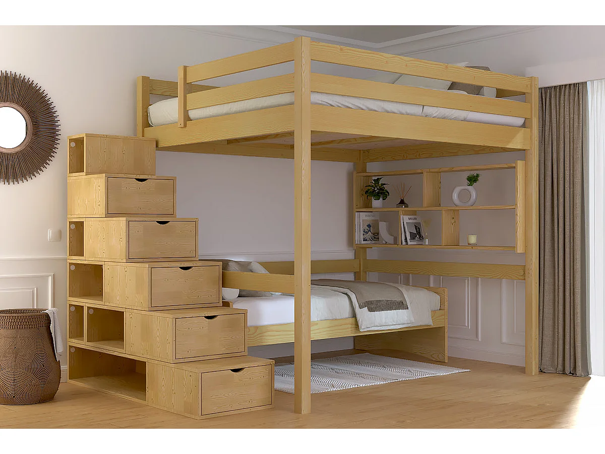Lit Mezzanine bois 160x200 avec escalier cube Sylvia, Miel