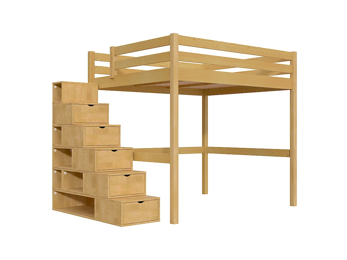 Lit Mezzanine bois 160x200 avec escalier cube Sylvia, Miel