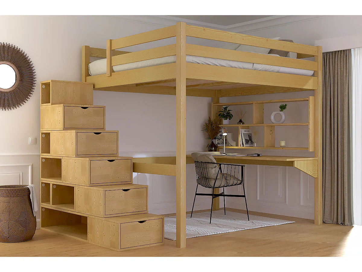 Lit Mezzanine bois 160x200 avec escalier cube Sylvia, Miel