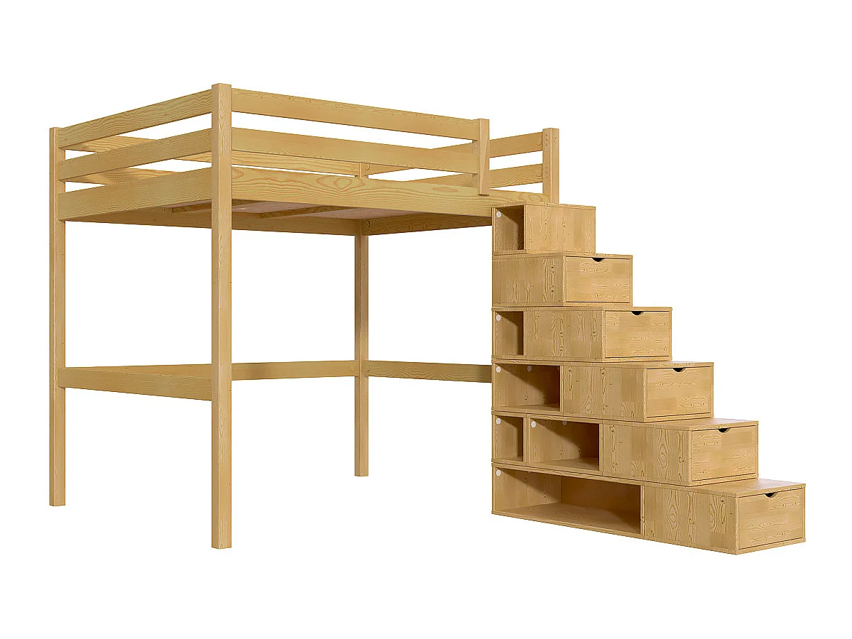 Lit Mezzanine bois 160x200 avec escalier cube Sylvia, Miel