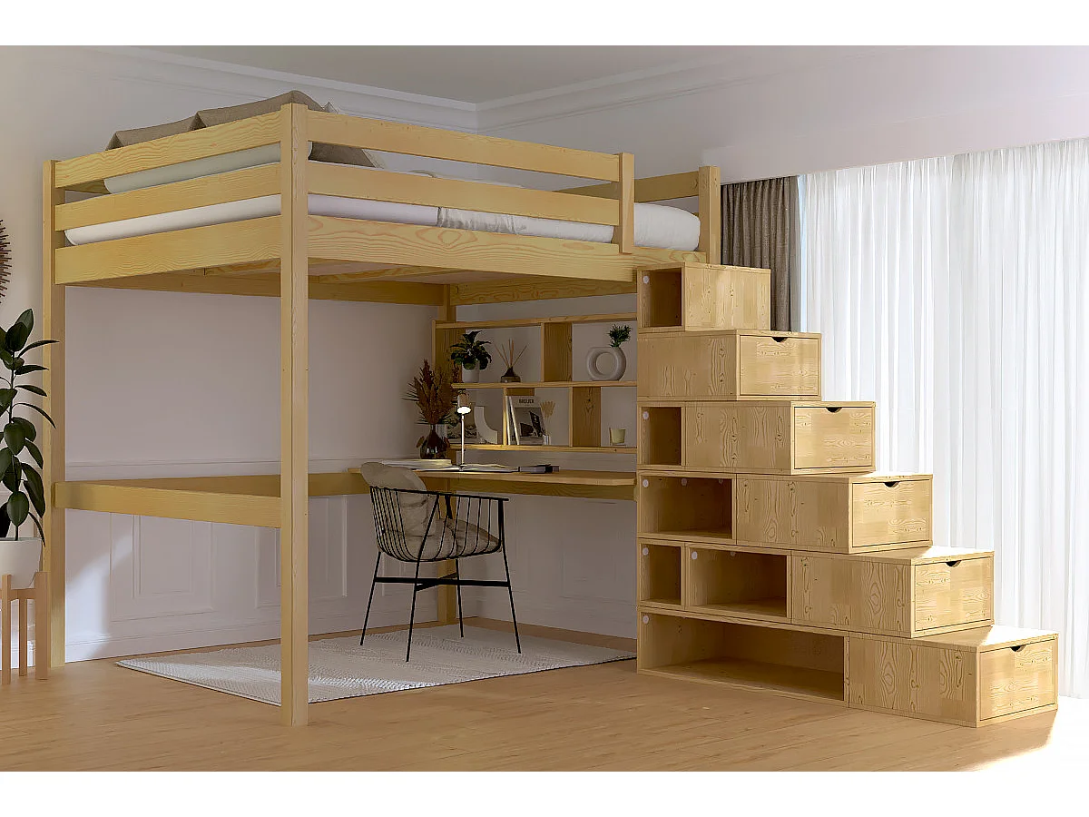 Lit Mezzanine bois 160x200 avec escalier cube Sylvia, Miel