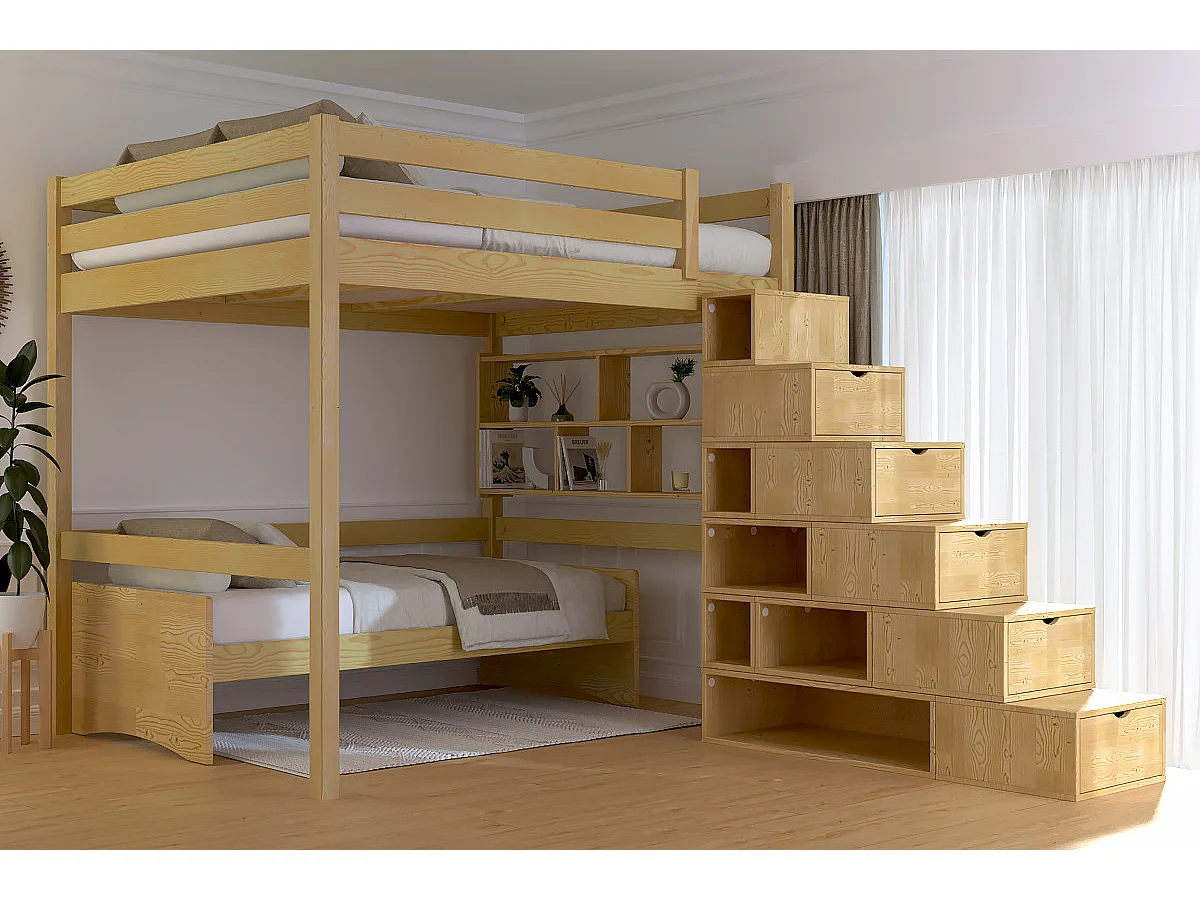 Lit Mezzanine bois 160x200 avec escalier cube Sylvia, Miel