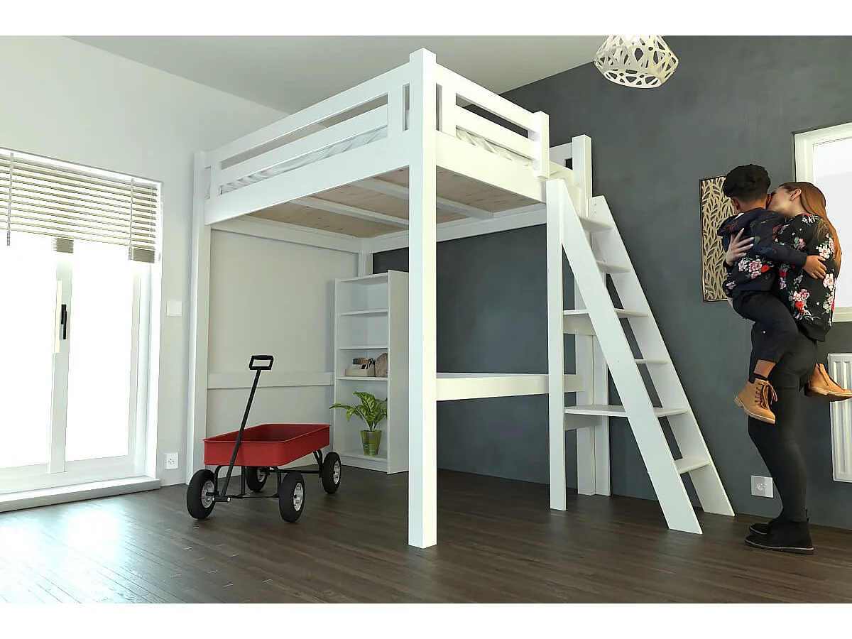 Lit Mezzanine adulte 140x200 bois + échelle hauteur réglable Alpage, Blanc
