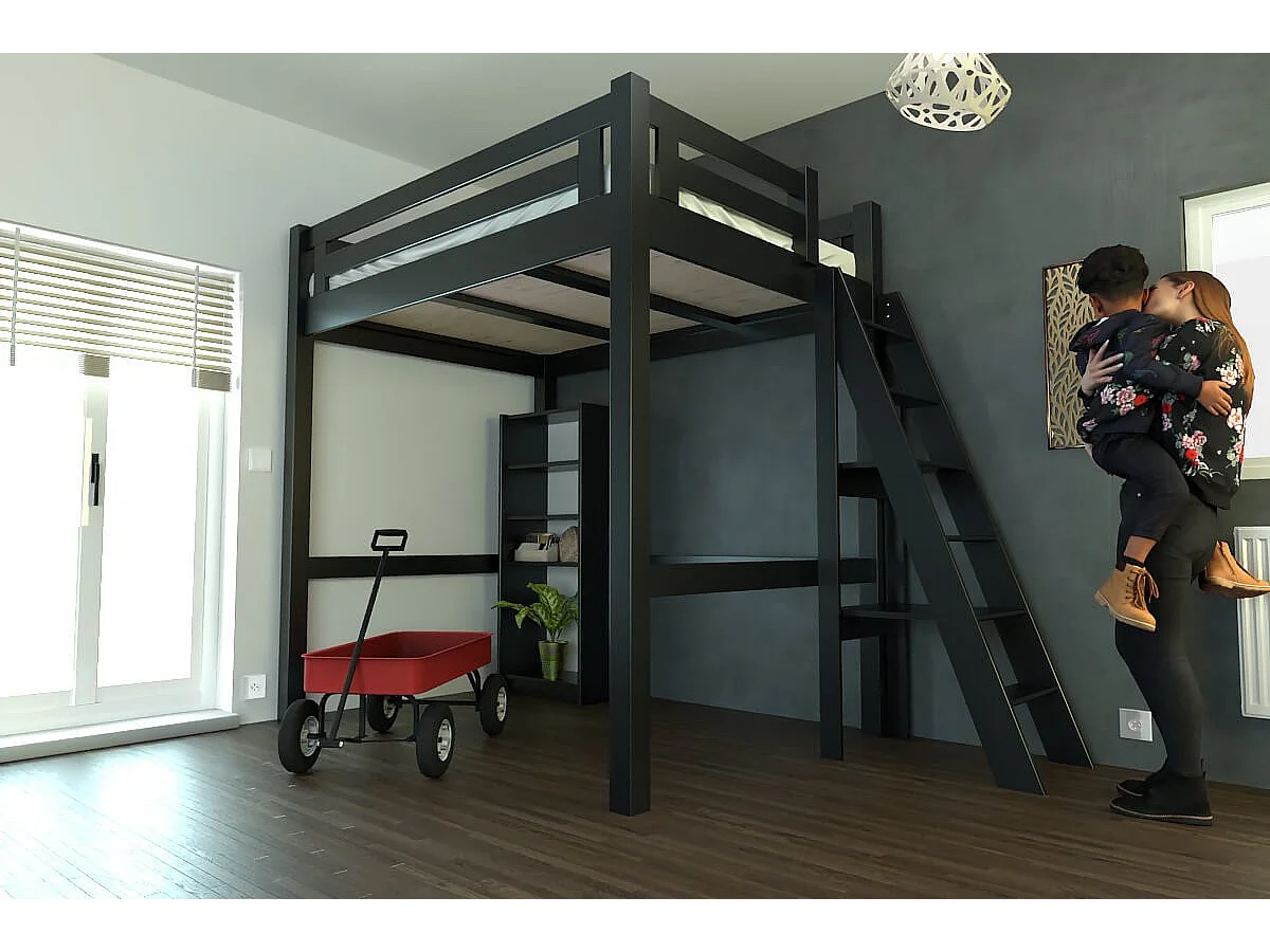 Lit Mezzanine adulte 140x200 bois + échelle hauteur réglable Alpage, Noir