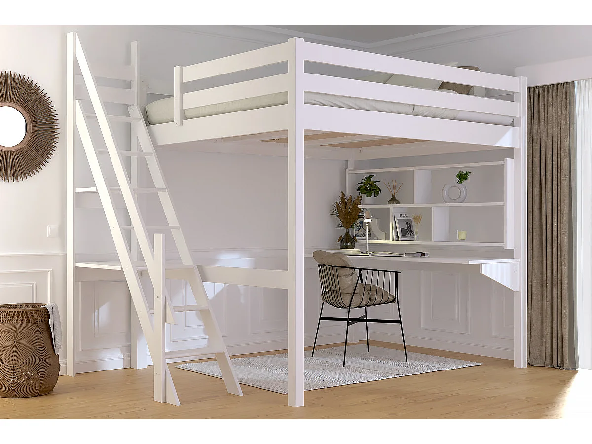Lit Mezzanine bois 160x200 Sylvia avec escalier de meunier, Blanc