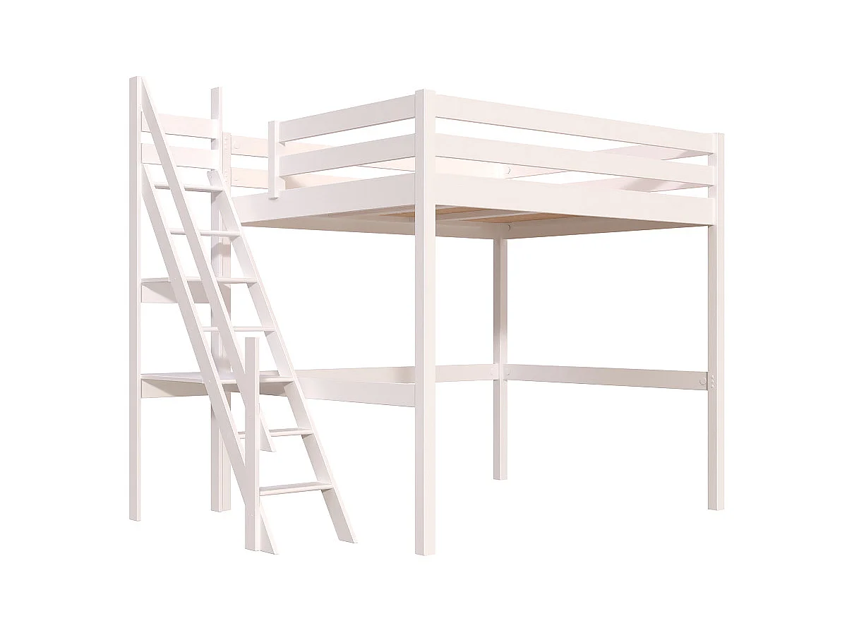 Lit Mezzanine bois 160x200 Sylvia avec escalier de meunier, Blanc