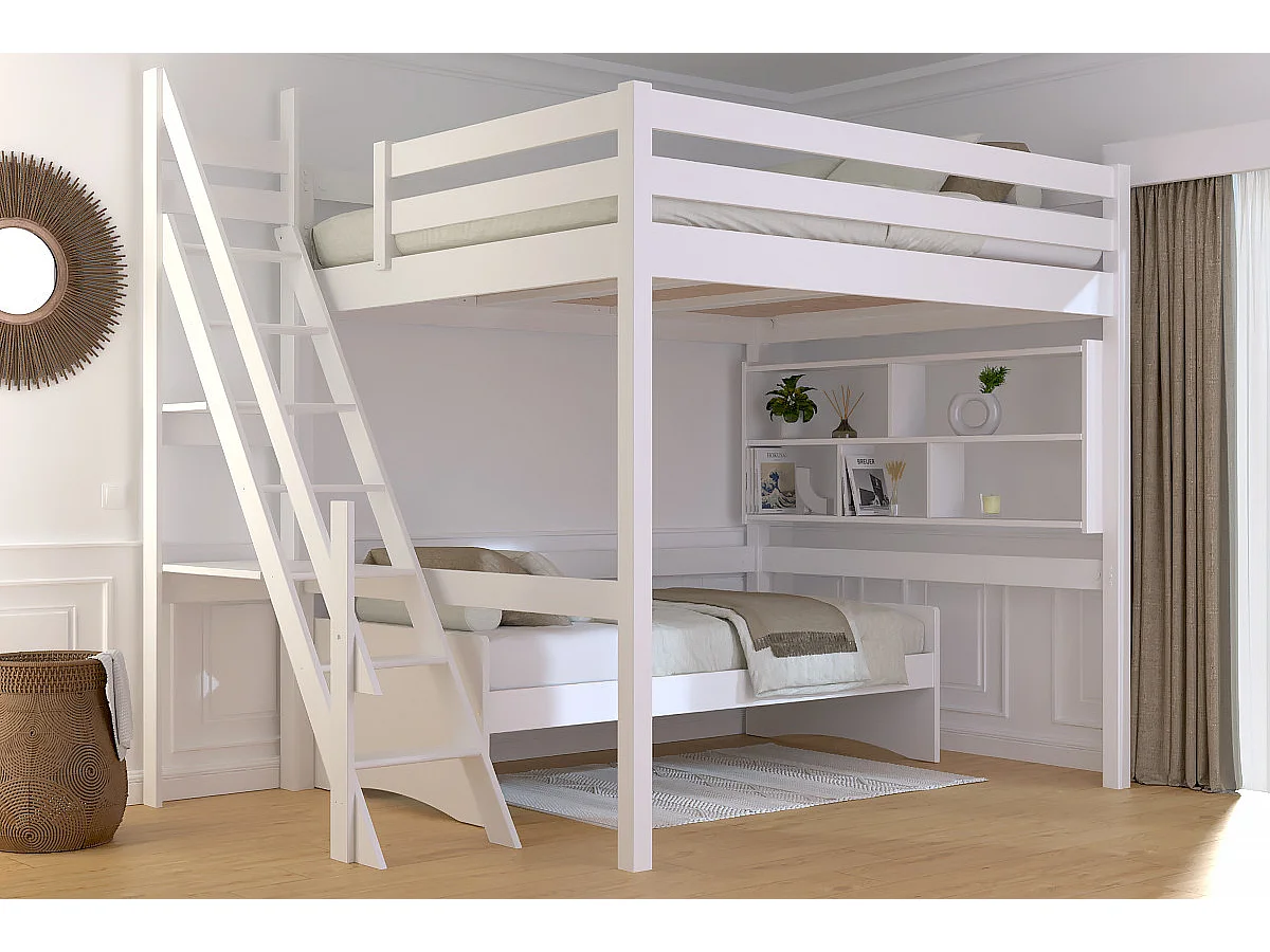 Lit Mezzanine bois 160x200 Sylvia avec escalier de meunier, Blanc