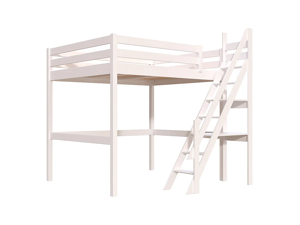 Lit Mezzanine bois 160x200 Sylvia avec escalier de meunier, Blanc
