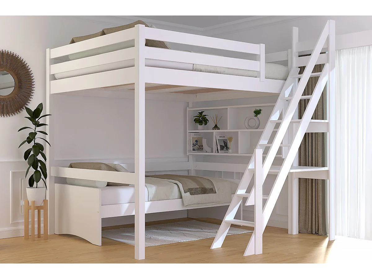 Lit Mezzanine bois 160x200 Sylvia avec escalier de meunier, Blanc