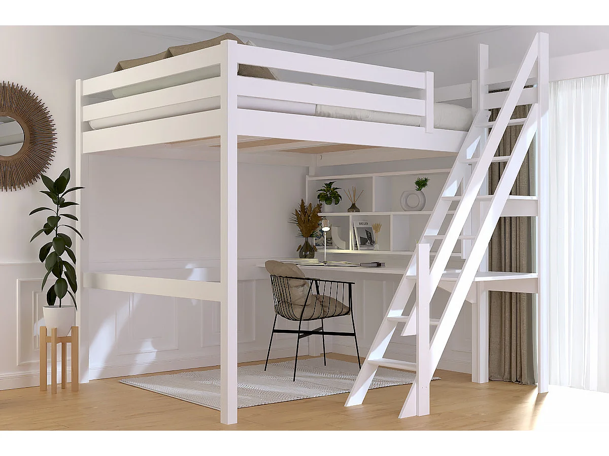 Lit Mezzanine bois 160x200 Sylvia avec escalier de meunier, Blanc
