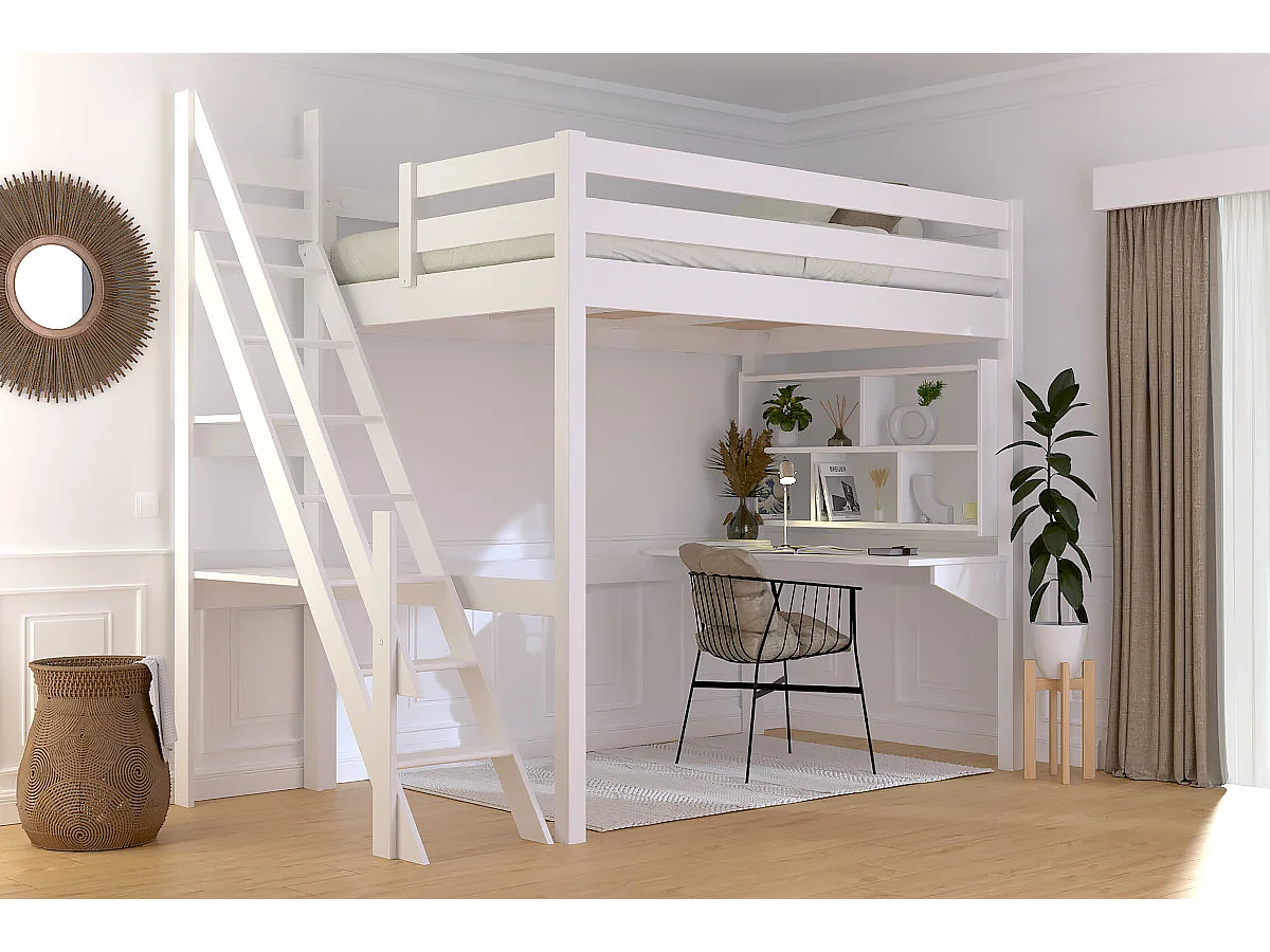 Lit mezzanine bois 120x200 Sylvia avec escalier de meunier, Blanc