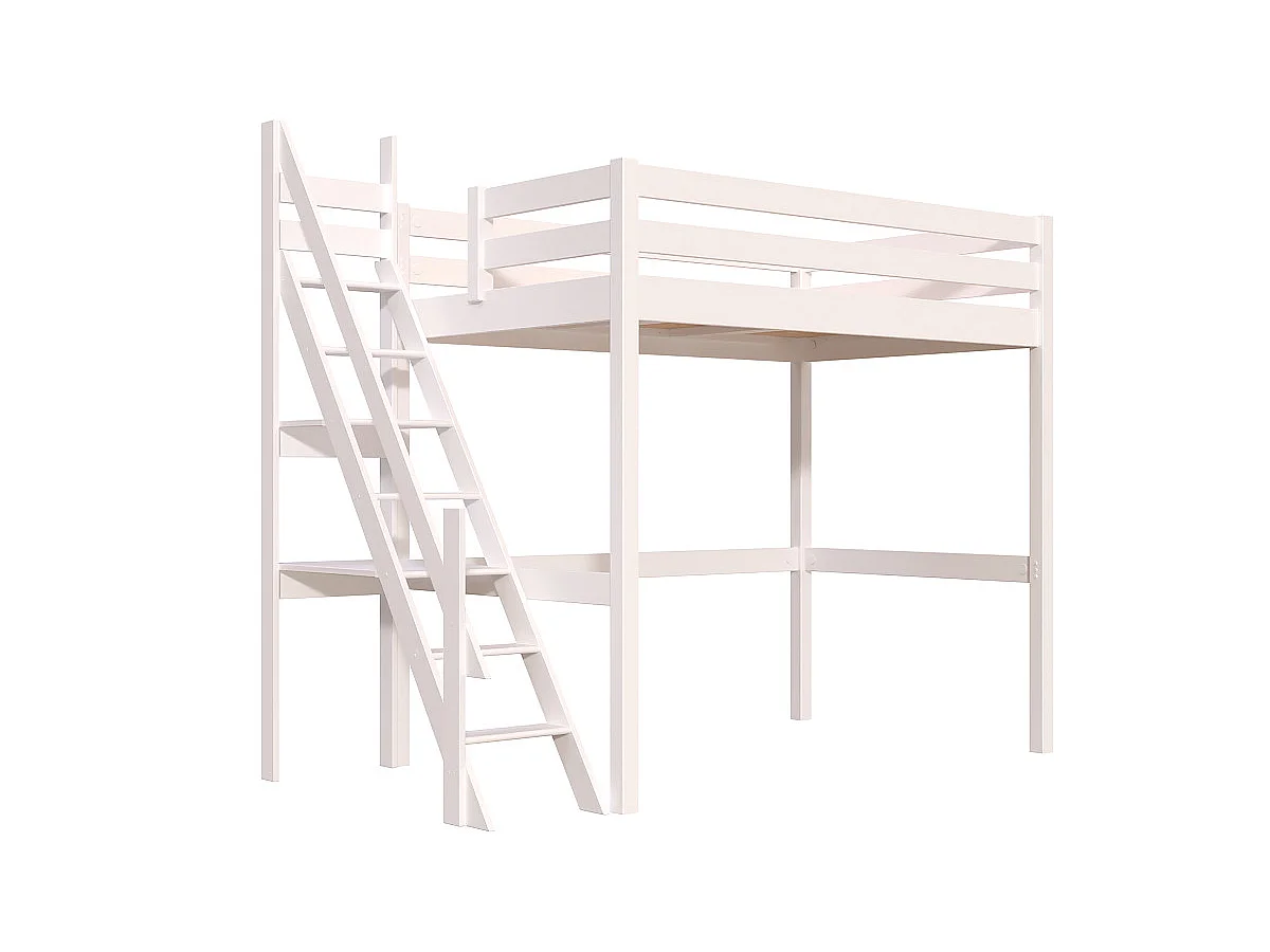 Lit mezzanine bois 120x200 Sylvia avec escalier de meunier, Blanc