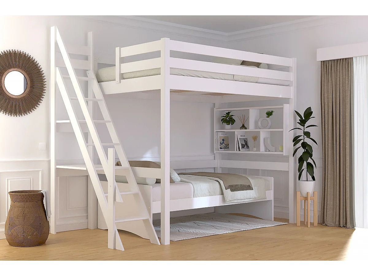 Lit mezzanine bois 120x200 Sylvia avec escalier de meunier, Blanc