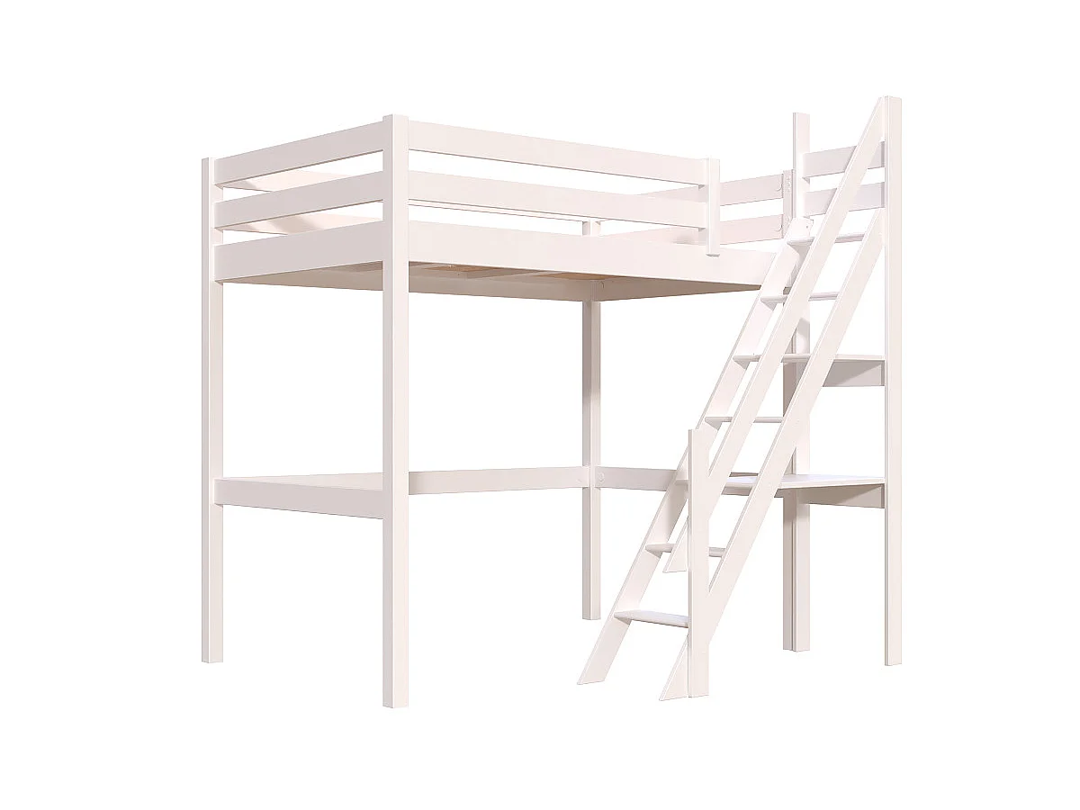 Lit mezzanine bois 120x200 Sylvia avec escalier de meunier, Blanc