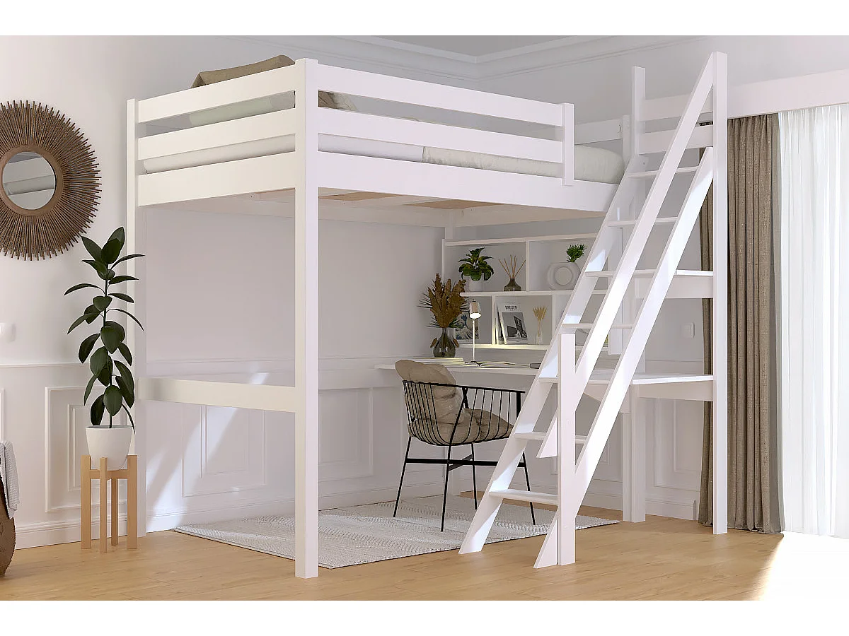 Lit mezzanine bois 120x200 Sylvia avec escalier de meunier, Blanc