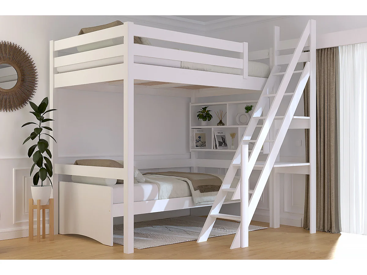 Lit mezzanine bois 120x200 Sylvia avec escalier de meunier, Blanc