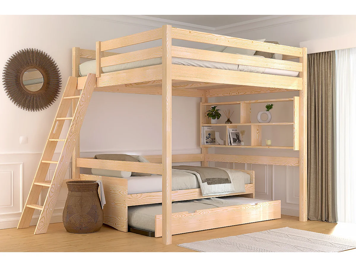 Lit mezzanine 2 places bois Sylvia 160x200 échelle inclinée, Brut (sans vernis)