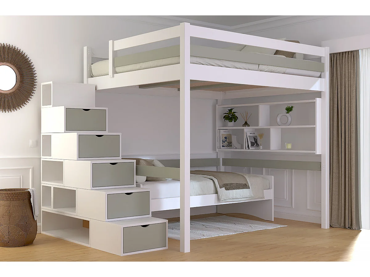 Lit Mezzanine bois 160x200 avec escalier cube Sylvia, Blanc/Moka