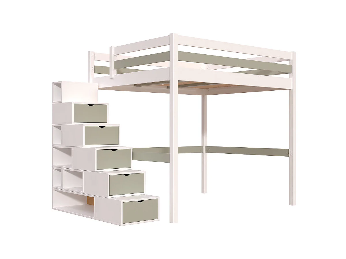 Lit Mezzanine bois 160x200 avec escalier cube Sylvia, Blanc/Moka