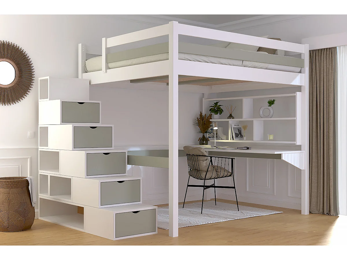 Lit Mezzanine bois 160x200 avec escalier cube Sylvia, Blanc/Moka