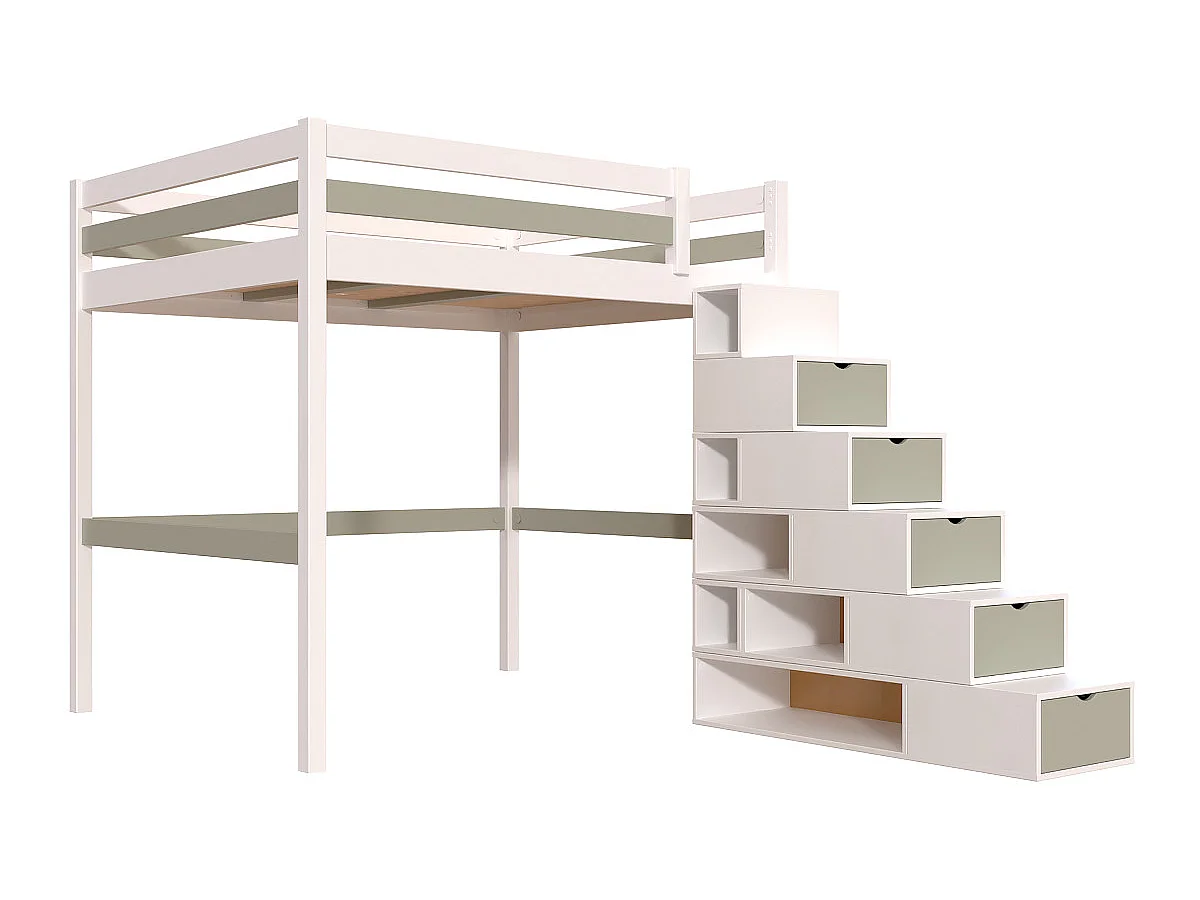 Lit Mezzanine bois 160x200 avec escalier cube Sylvia, Blanc/Moka