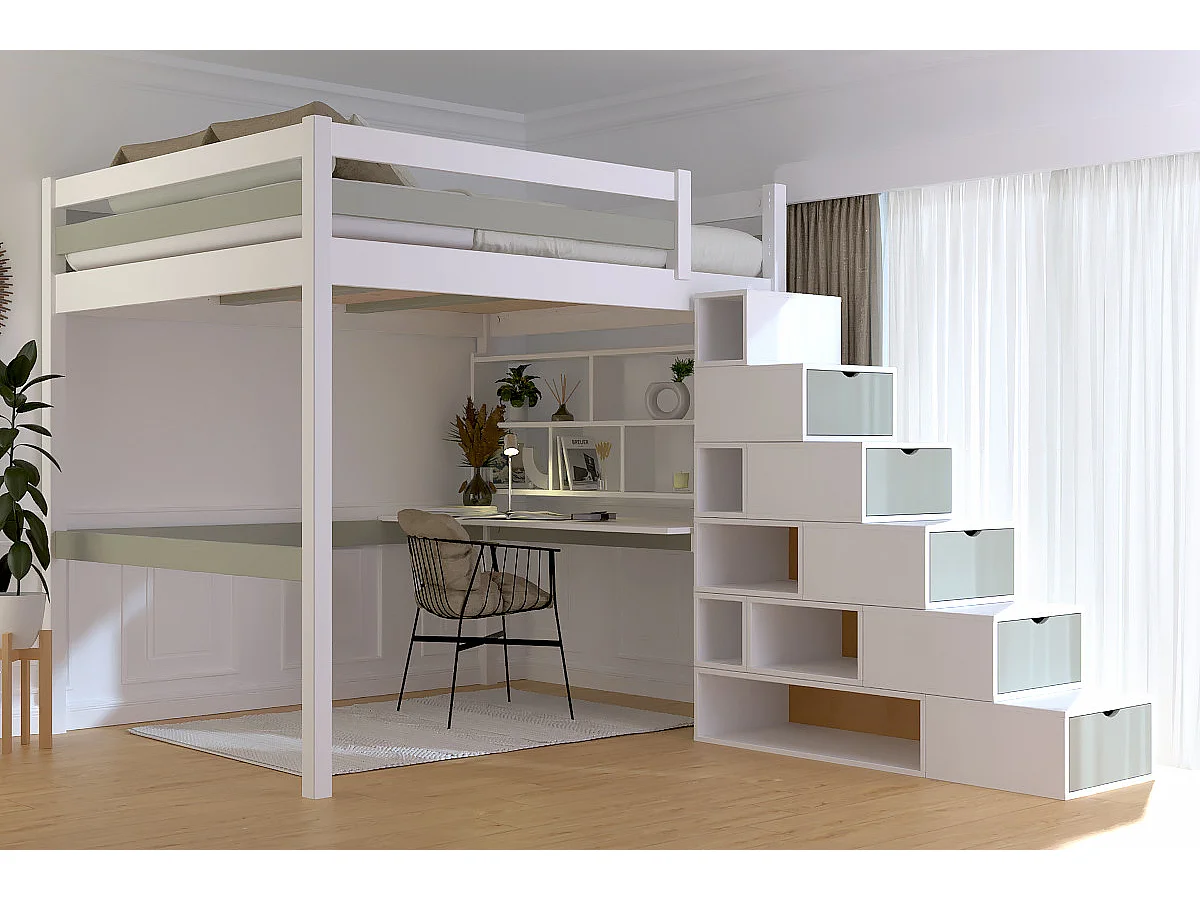 Lit Mezzanine bois 160x200 avec escalier cube Sylvia, Blanc/Moka