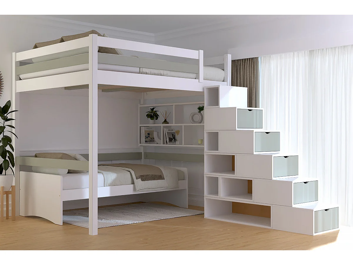 Lit Mezzanine bois 160x200 avec escalier cube Sylvia, Blanc/Moka