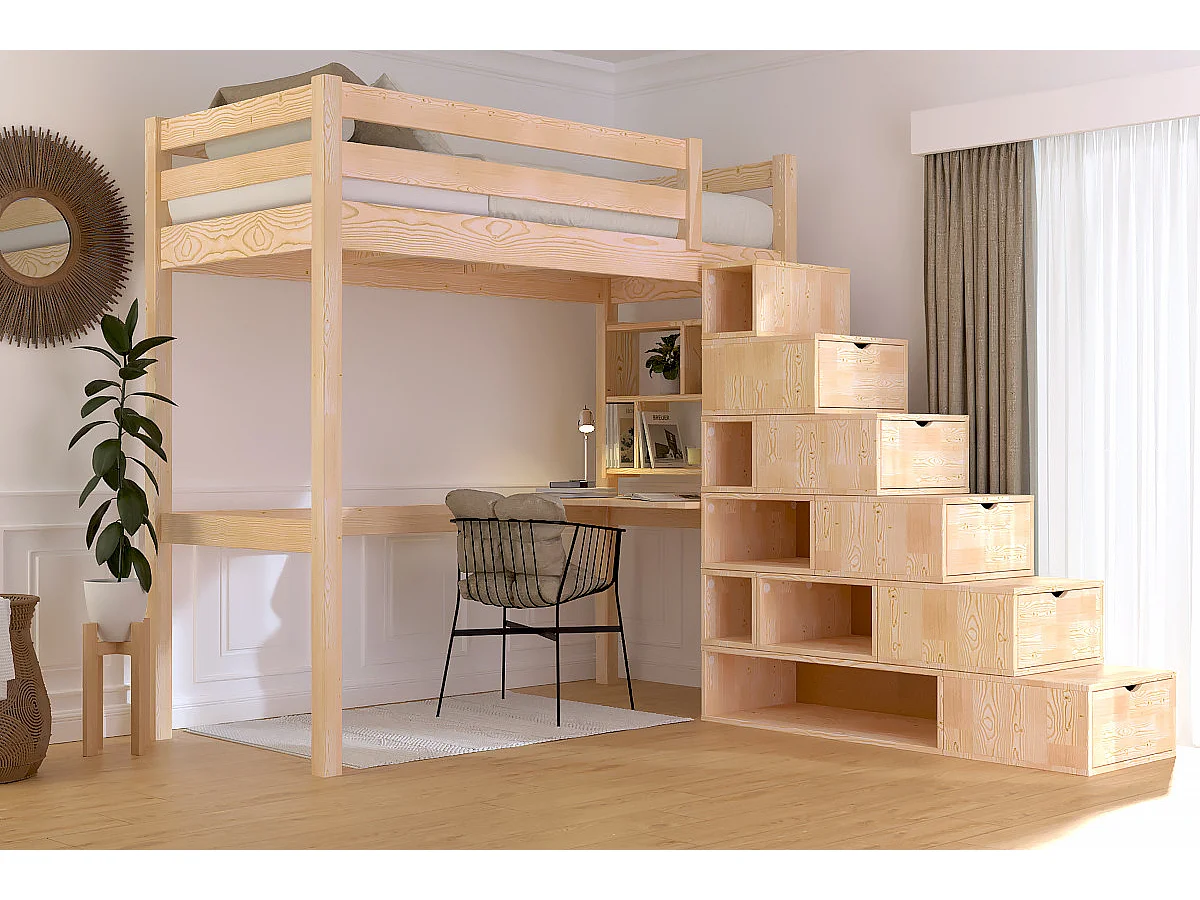 Lit mezzanine bois 90x200 Sylvia avec escalier cube, Brut (sans vernis)