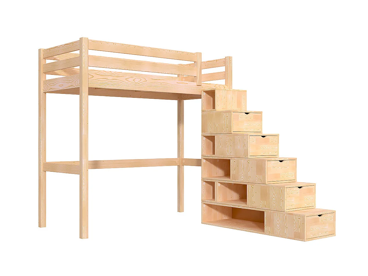 Lit mezzanine bois 90x200 Sylvia avec escalier cube, Brut (sans vernis)