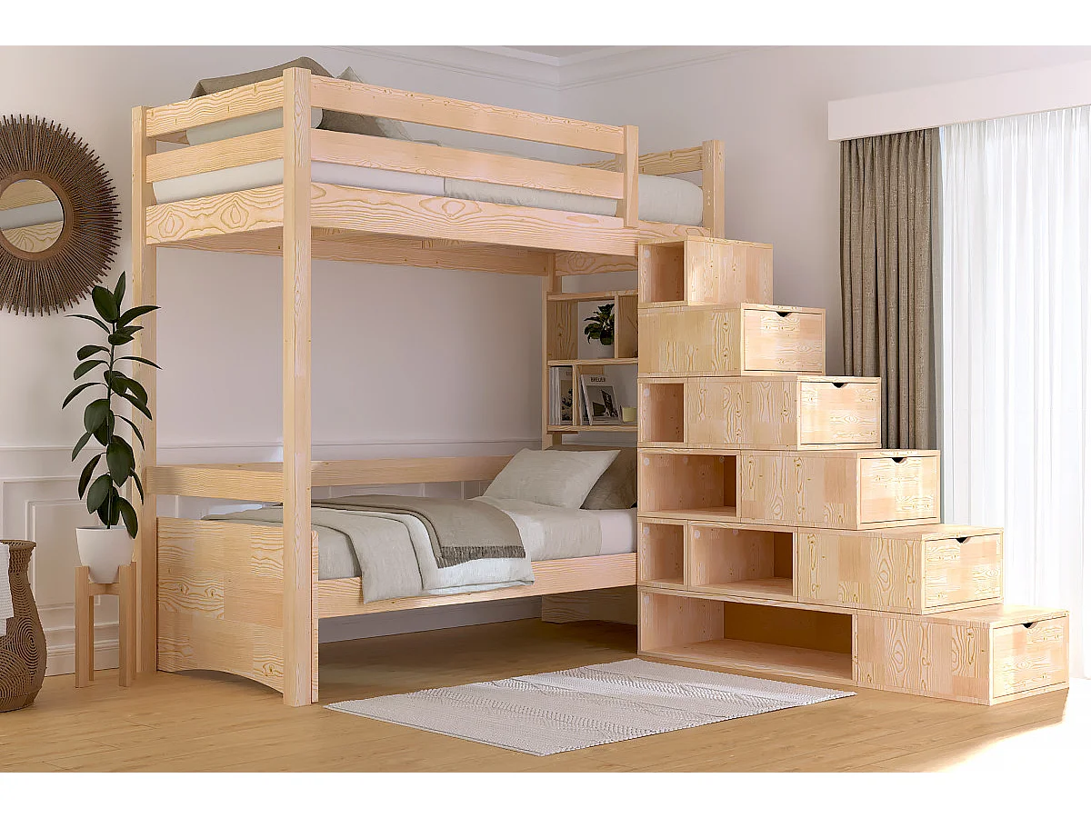 Lit mezzanine bois 90x200 Sylvia avec escalier cube, Brut (sans vernis)