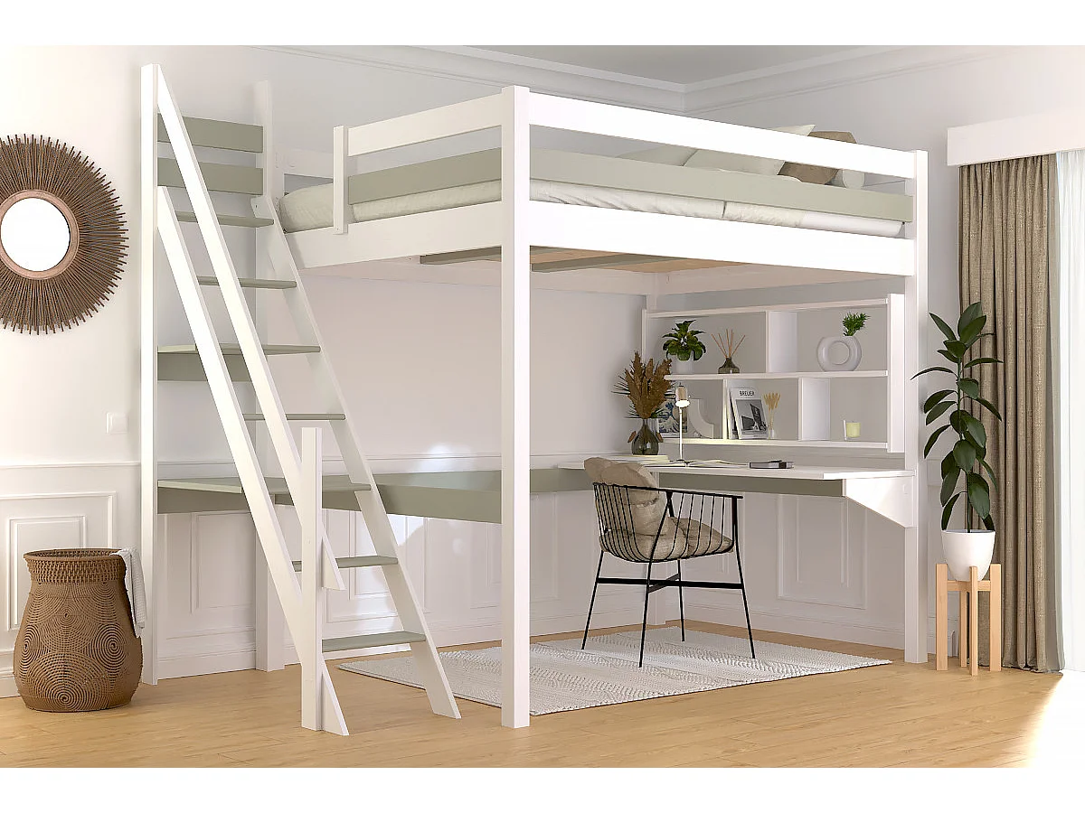 Lit mezzanine bois 140x200 Sylvia avec escalier de meunier, Blanc/Moka
