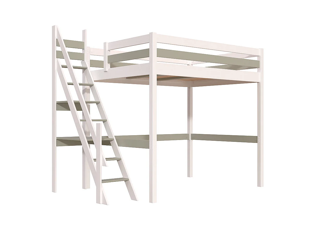 Lit mezzanine bois 140x200 Sylvia avec escalier de meunier, Blanc/Moka