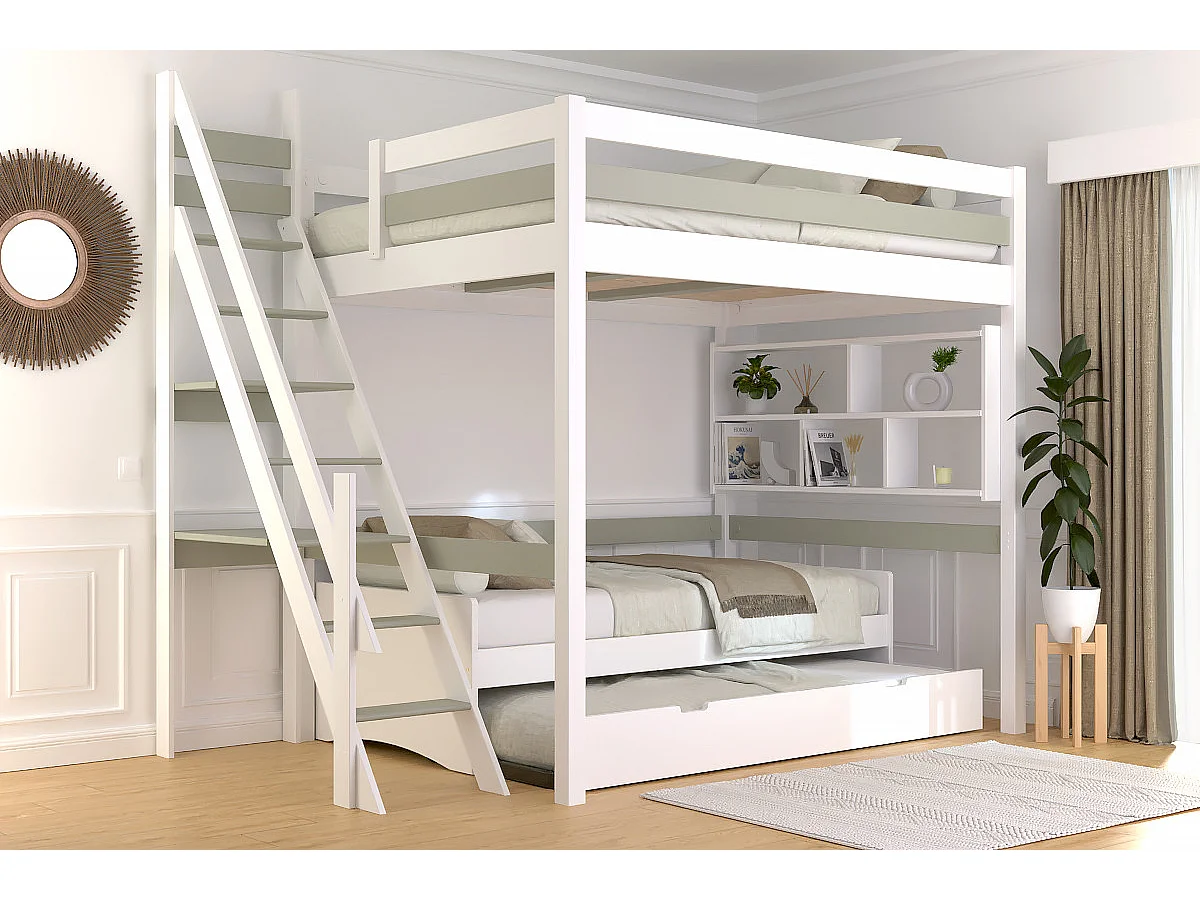 Lit mezzanine bois 140x200 Sylvia avec escalier de meunier, Blanc/Moka