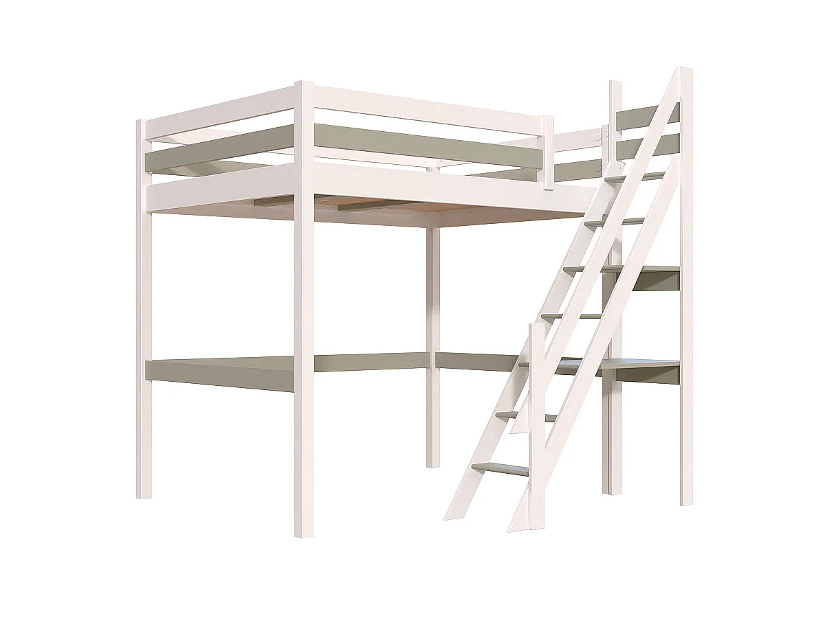 Lit mezzanine bois 140x200 Sylvia avec escalier de meunier, Blanc/Moka