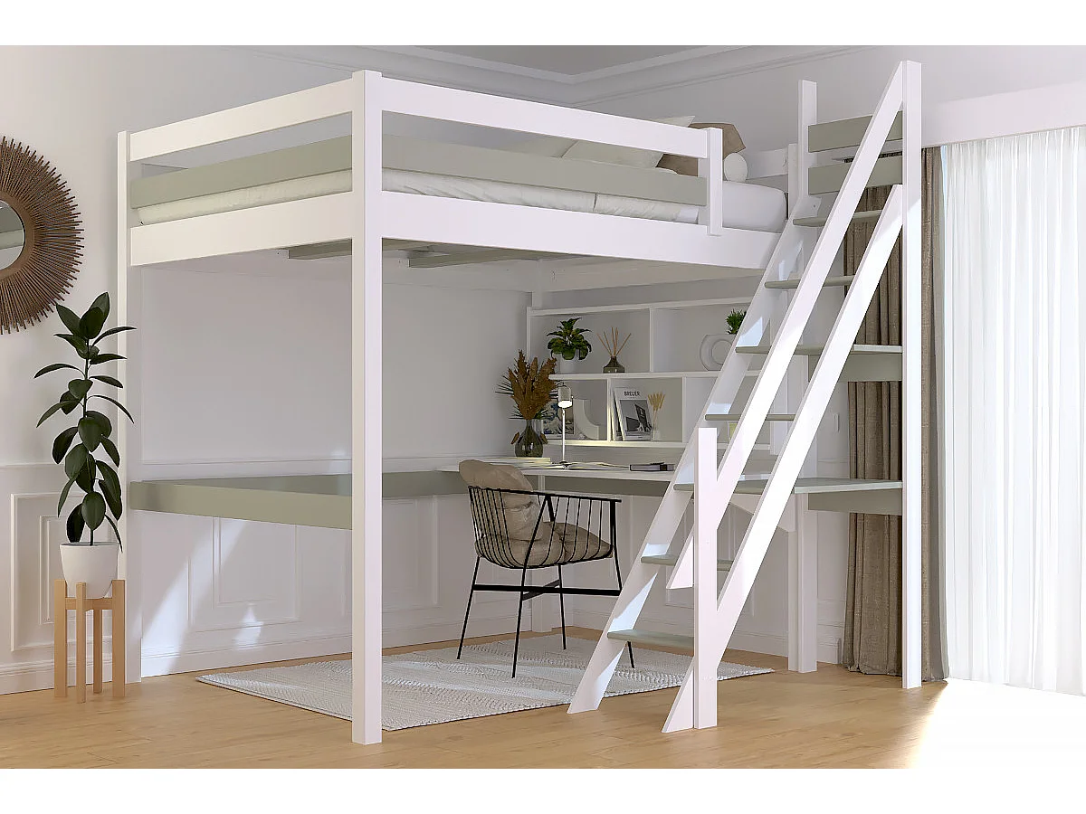 Lit mezzanine bois 140x200 Sylvia avec escalier de meunier, Blanc/Moka