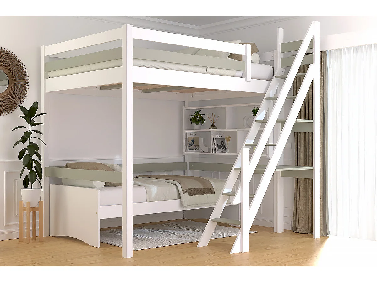 Lit mezzanine bois 140x200 Sylvia avec escalier de meunier, Blanc/Moka