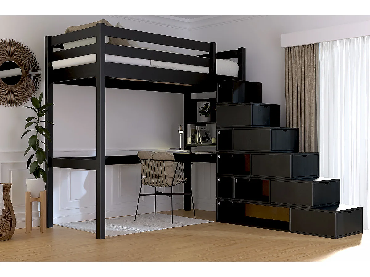 Lit mezzanine bois 90x200 Sylvia avec escalier cube, Noir
