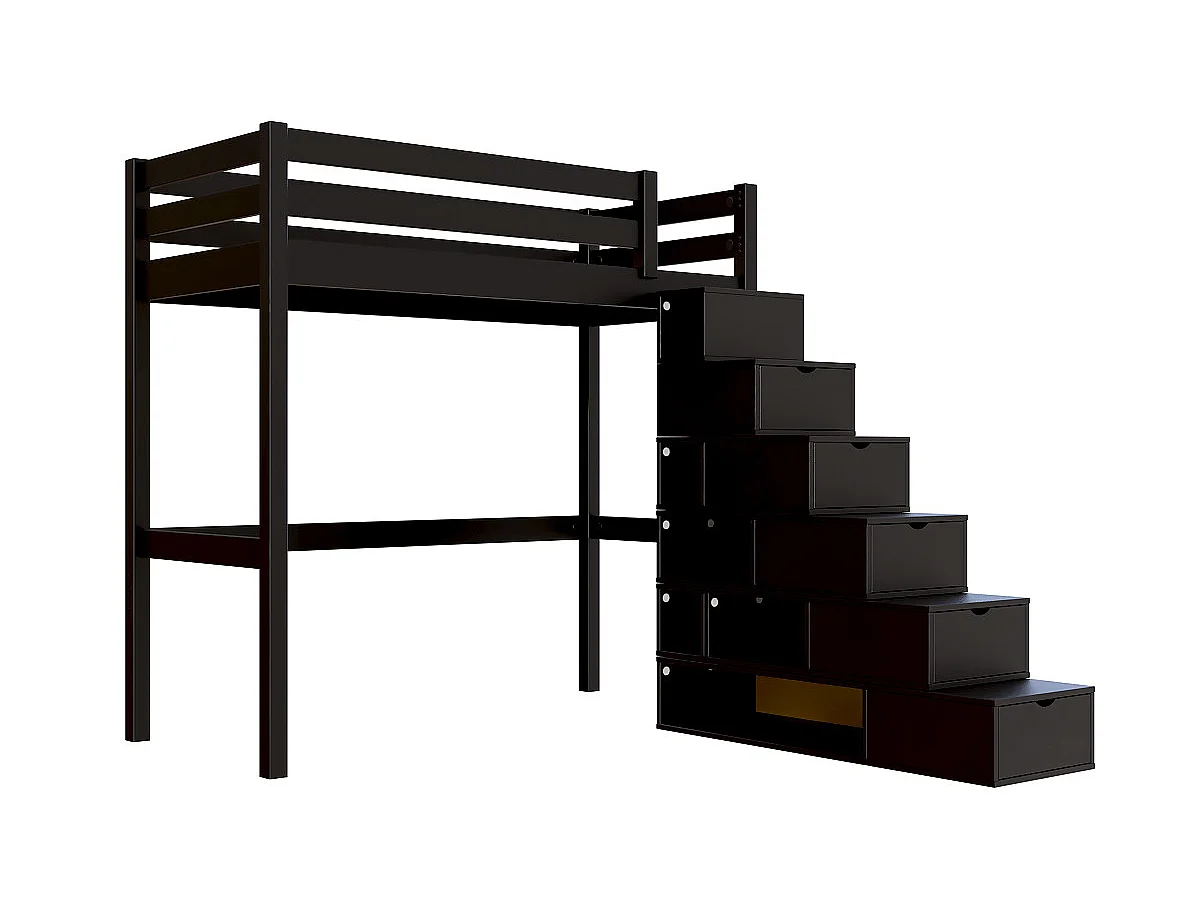 Lit mezzanine bois 90x200 Sylvia avec escalier cube, Noir