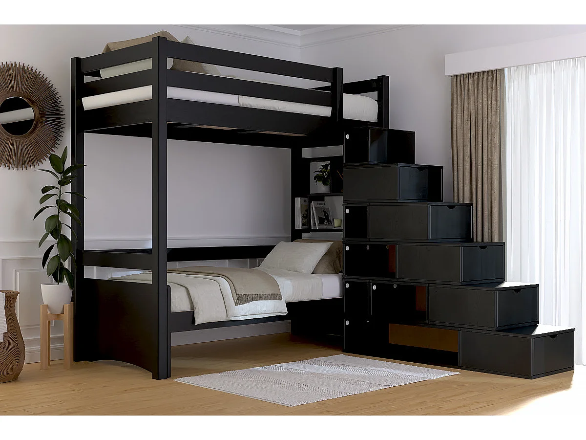 Lit mezzanine bois 90x200 Sylvia avec escalier cube, Noir