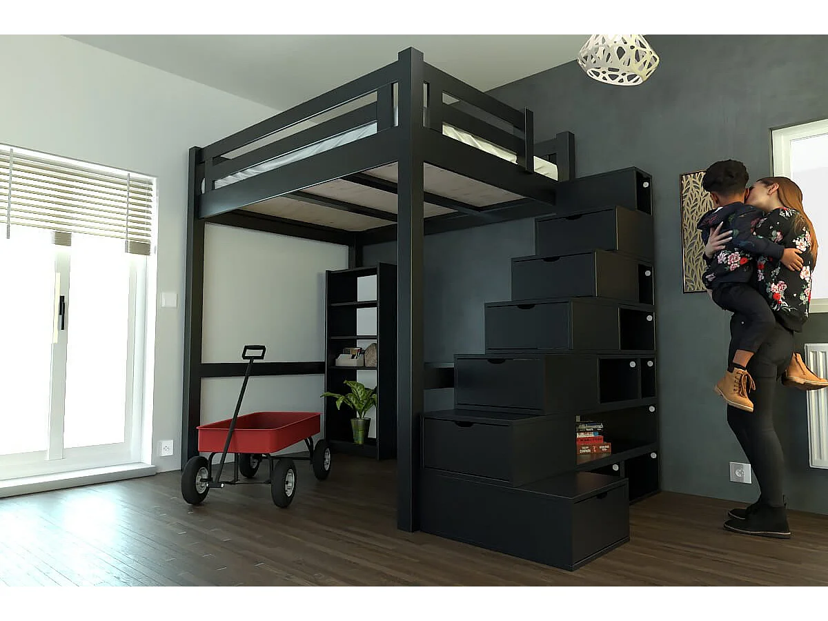 Lit Mezzanine adulte bois 140x200 Alpage hauteur réglable + escalier cube, Noir