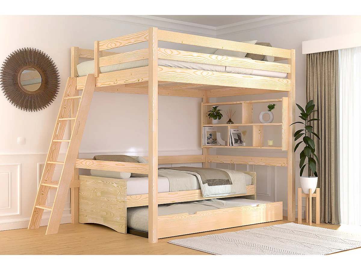 Lit mezzanine 2 places bois Sylvia 140x200 échelle inclinée, Vernis Naturel