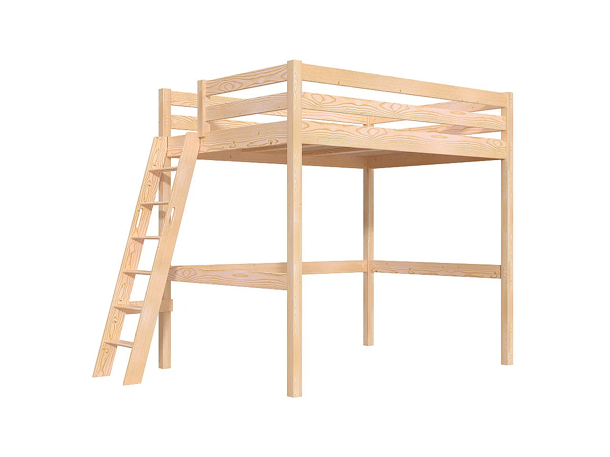 Lit mezzanine 2 places bois Sylvia 140x200 échelle inclinée, Vernis Naturel
