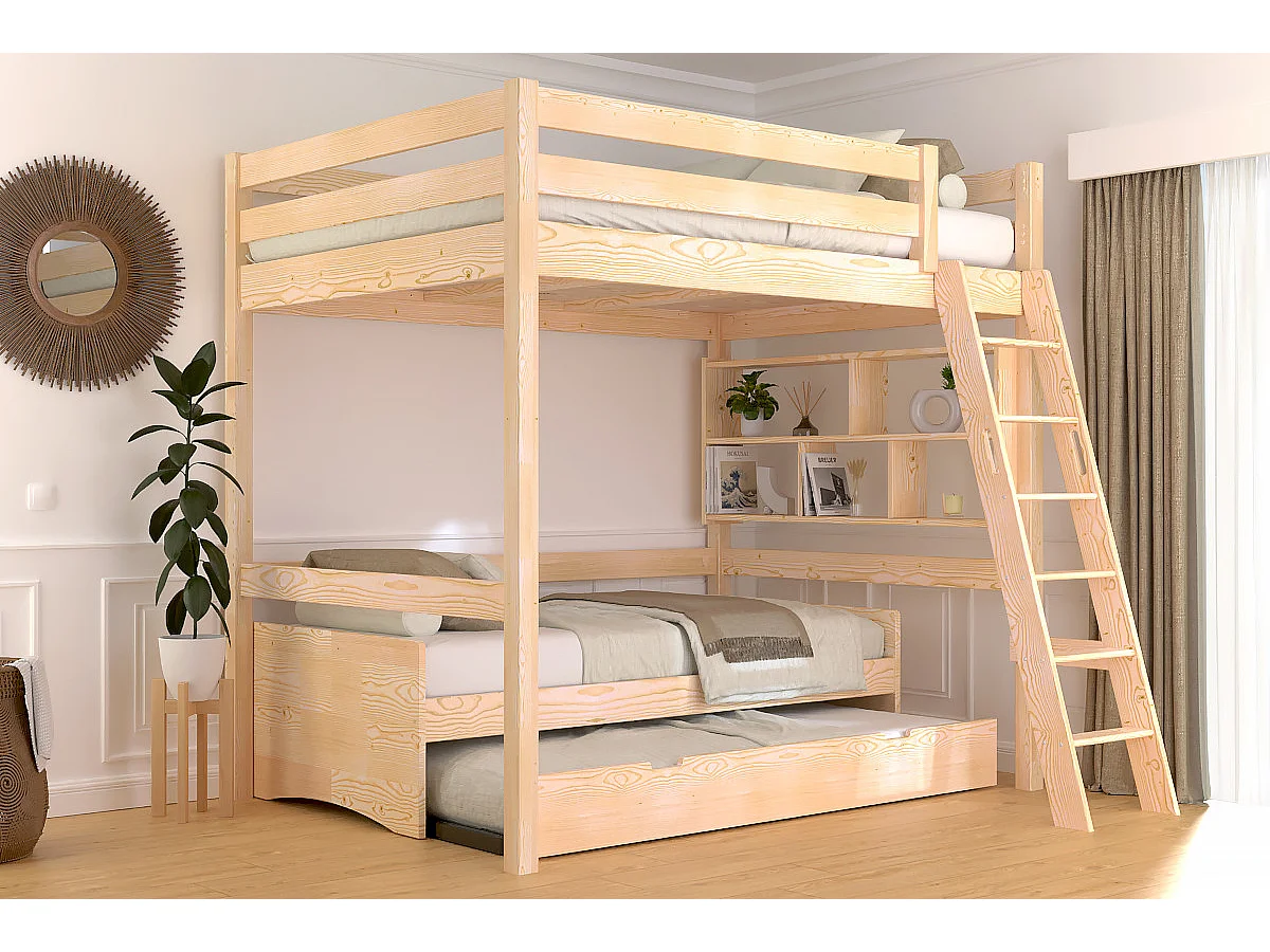 Lit mezzanine 2 places bois Sylvia 140x200 échelle inclinée, Vernis Naturel