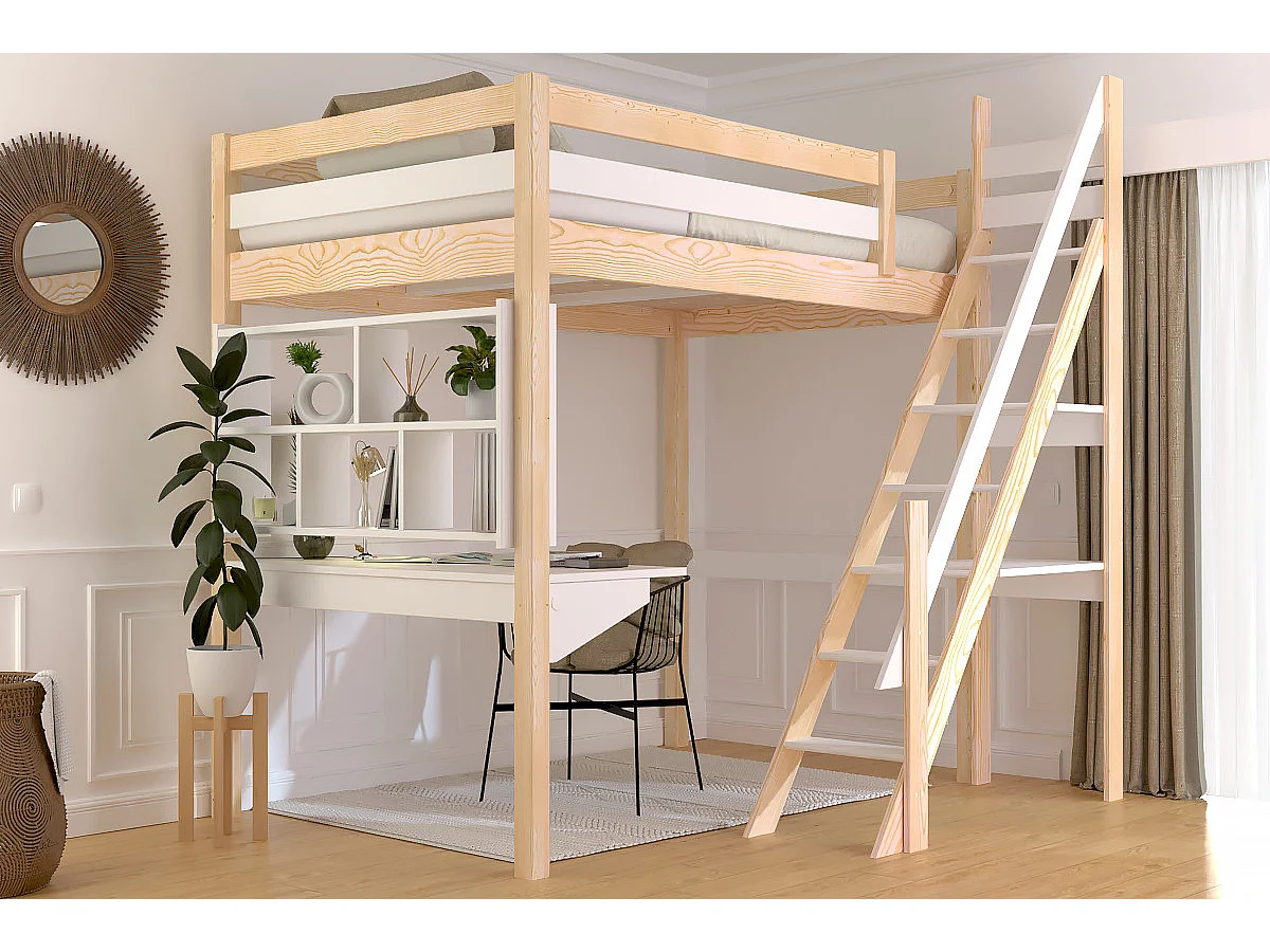 Lit mezzanine bois 120x200 Sylvia avec escalier de meunier, Vernis naturel/Blanc