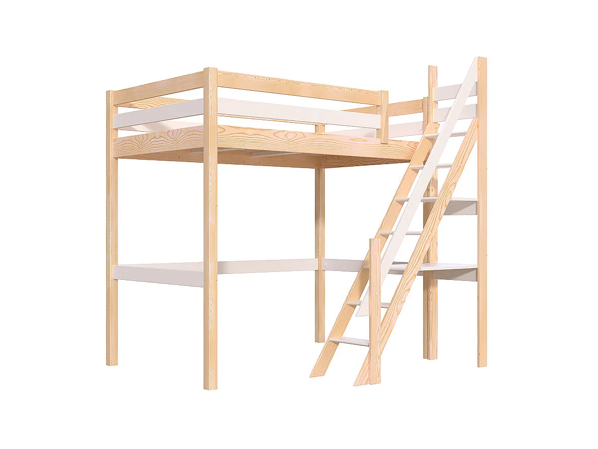 Lit mezzanine bois 120x200 Sylvia avec escalier de meunier, Vernis naturel/Blanc