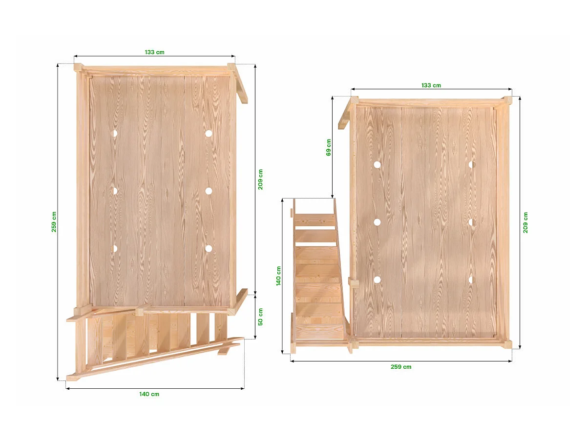 Lit mezzanine bois 120x200 Sylvia avec escalier de meunier, Vernis naturel/Blanc