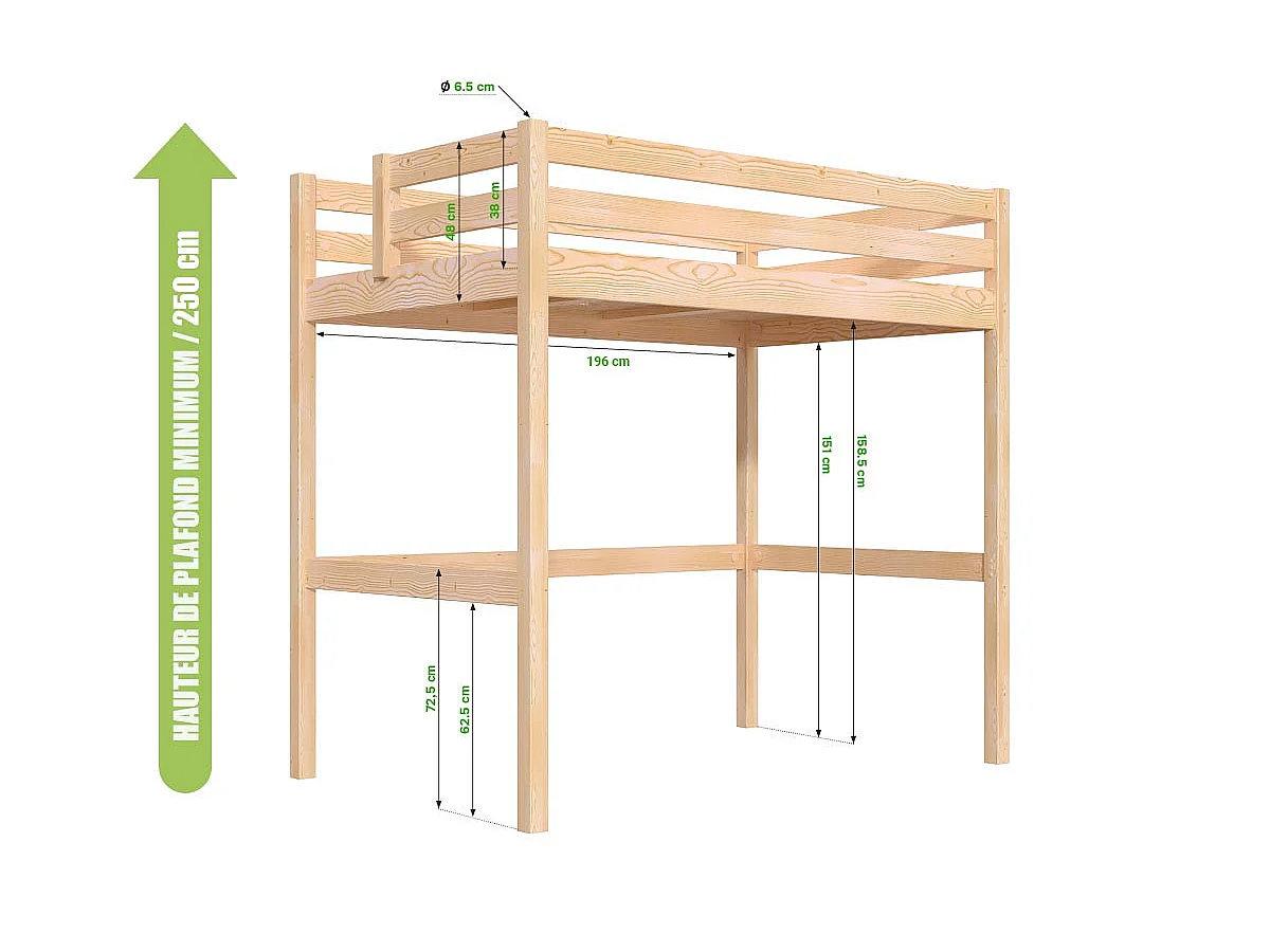 Lit mezzanine bois 120x200 Sylvia avec escalier de meunier, Vernis naturel/Blanc