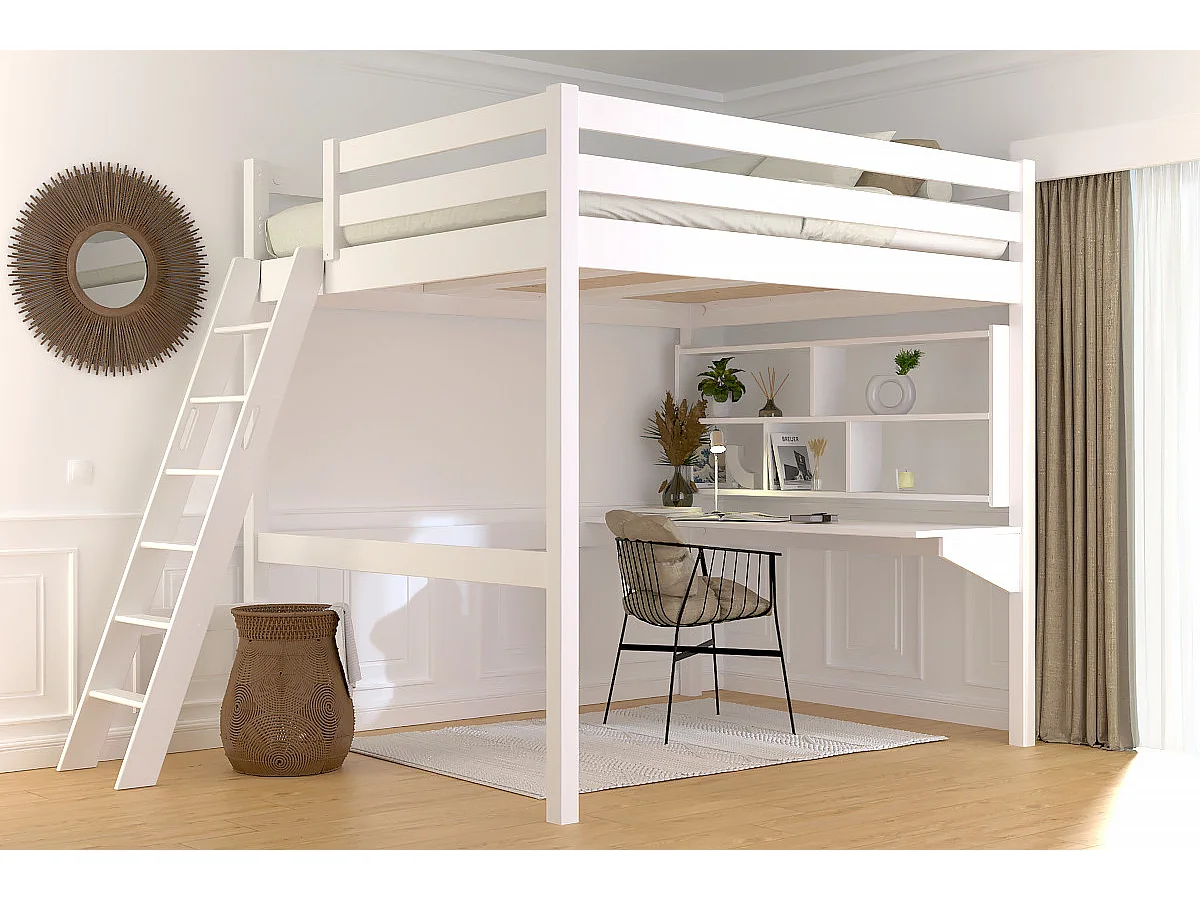 Lit mezzanine 2 places bois Sylvia 160x200 échelle inclinée, Blanc