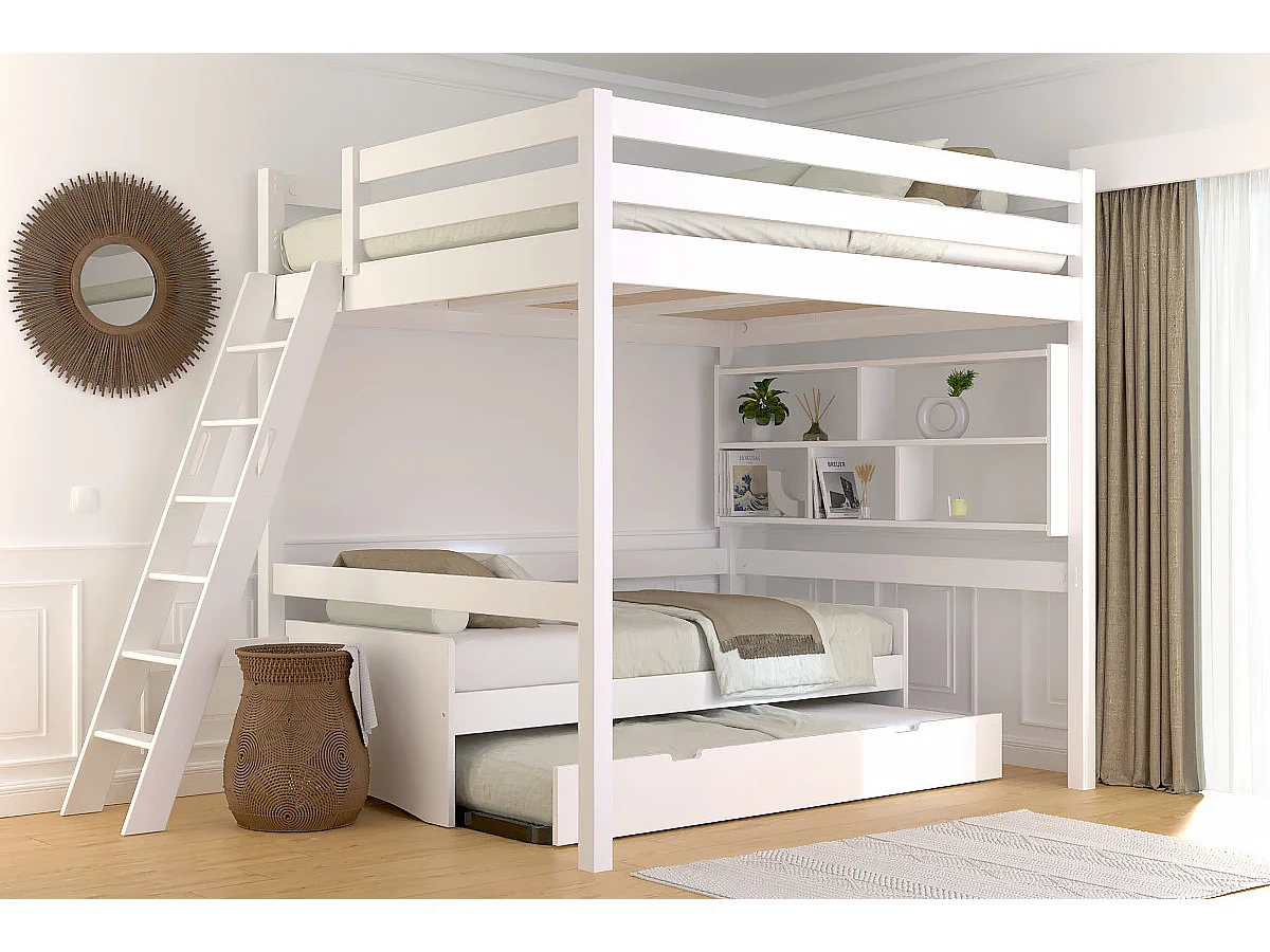 Lit mezzanine 2 places bois Sylvia 160x200 échelle inclinée, Blanc